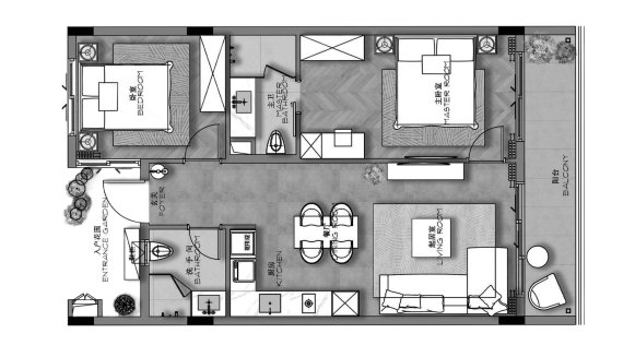 Планировка квартиры 2 спальни в ЖК Ayana Heights Seaview Residence № 11009 (2D)