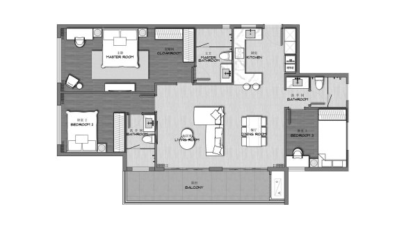 Apartment floor plan, 3 bedrooms in Ayana Heights Seaview Residence No. 11012 (2D)